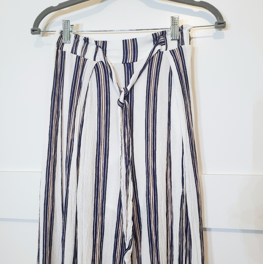 Simplee Viscose 100% Pants Wide Leg Striped Split Thigh High Tie Waist Sz Small - Picture 5 of 10